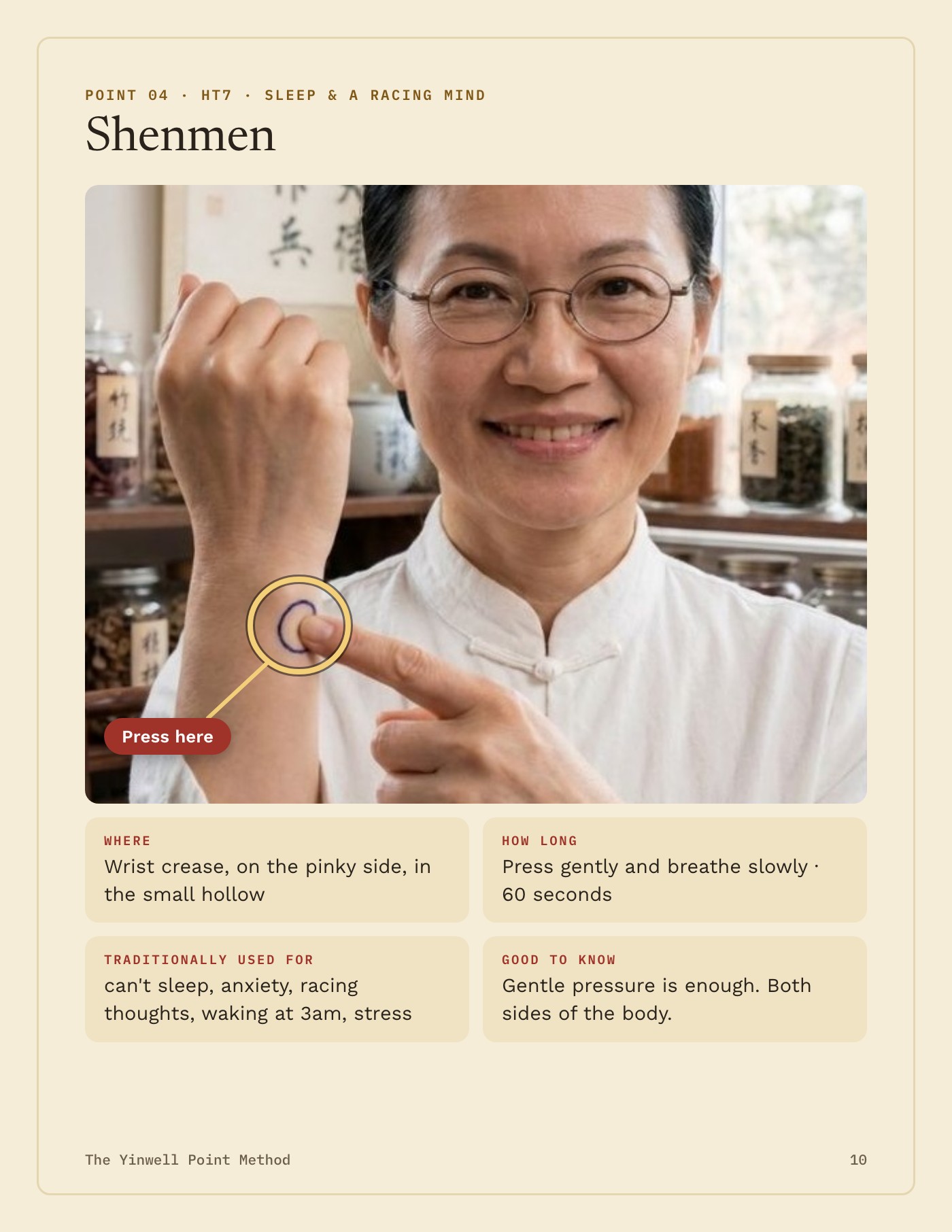 A page from the guide: the Shenmen point on the wrist, circled, with where to press and how long